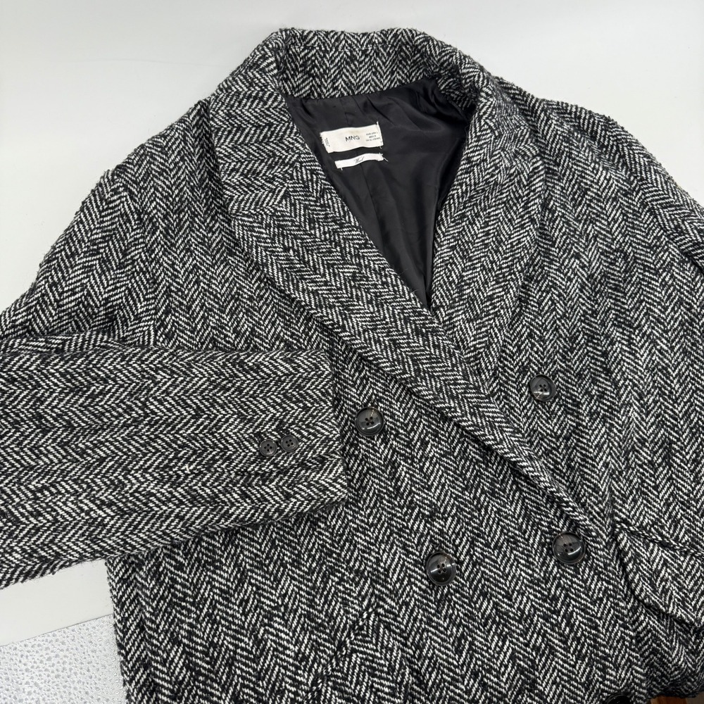 MNG by Mango Women's Wool Blend Herringbone Peacoat Jacket Size L Black Gray